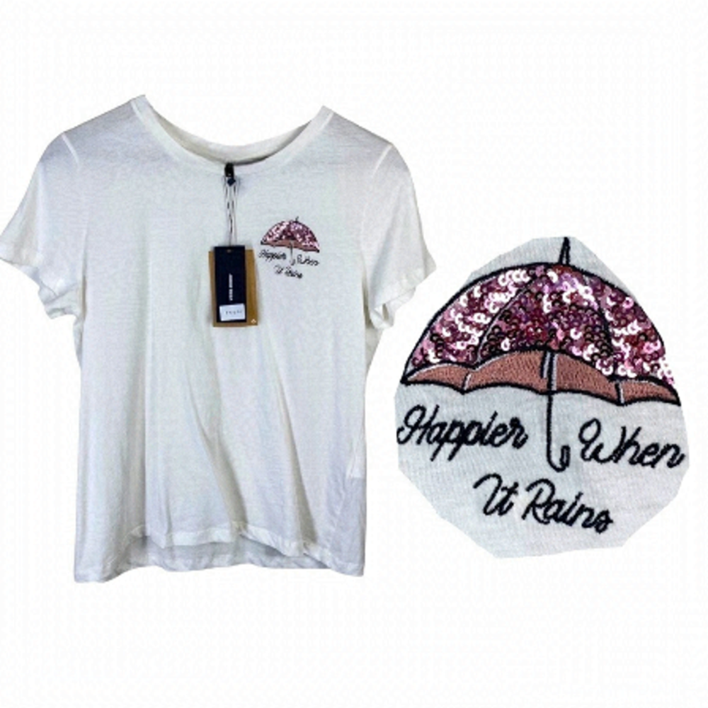 4/$45 VERO MODA NWT White Pink Sequin Happier When It Rains T-Shirt Medium